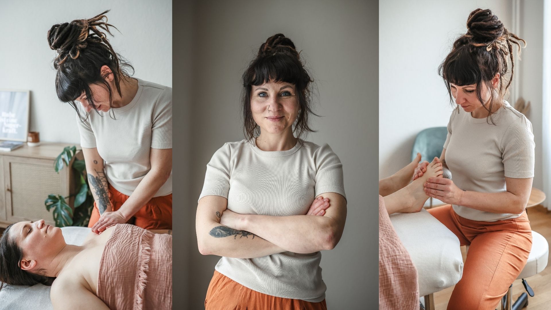 Mitglied vom FrauenRaum Netzwerk Tiefgriff Massagen, welche gerade eine Frau die Arme und Beine massiert.