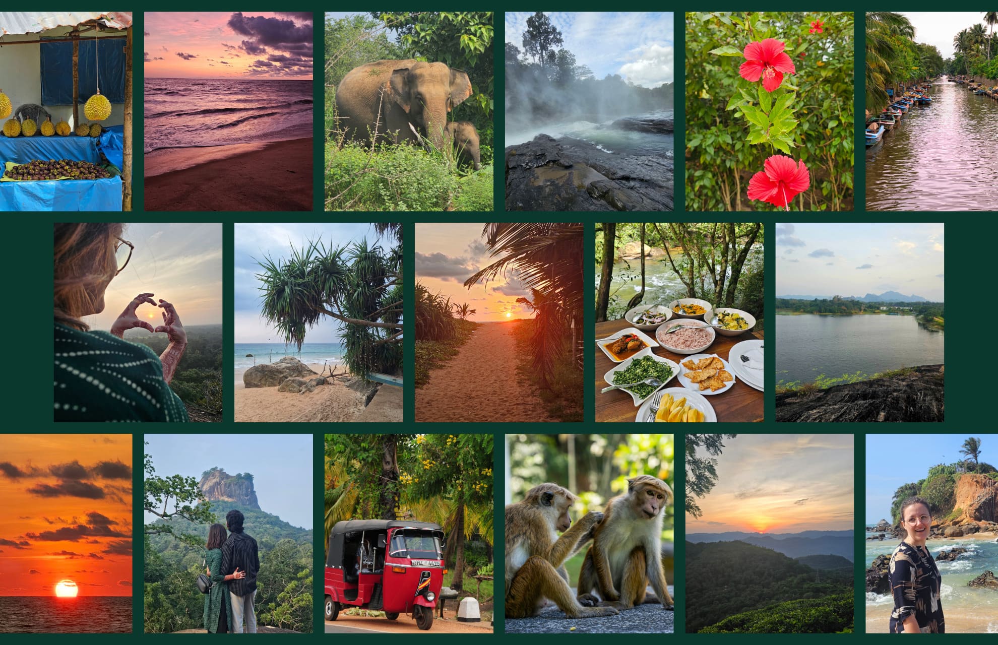 Soul and Spicy Sri Lanka Collage über Sri Lankas Tiere, Natur, Wasserfälle, Strände, Essen uvm.